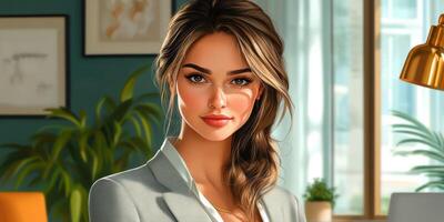 Woman in professional attire poses confidently in a modern office space with natural light photo