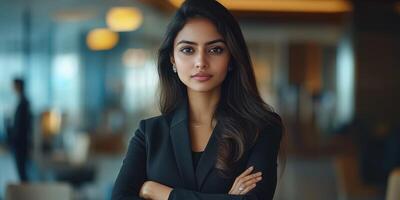 Confident businesswoman poses gracefully in a modern office environment during a productive workday photo