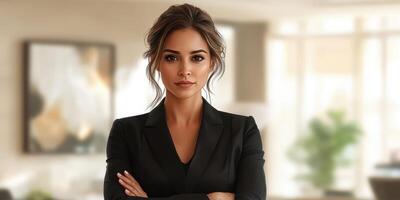 Confident professional woman standing with arms crossed in a modern office during daytime photo