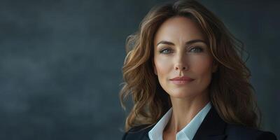 Confident businesswoman with long hair in formal attire poses against a neutral backdrop during a professional setting photo