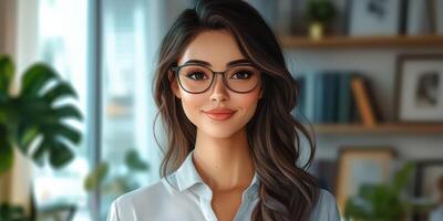 Portrait of a smiling woman with glasses in a bright and modern workspace setting during daylight hours photo