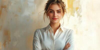 Young woman with a confident smile poses against a warm, abstract background in a bright, artistic space photo