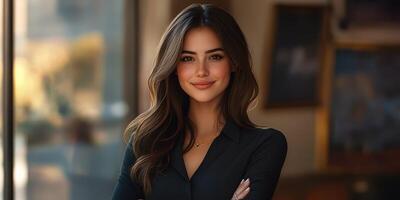 Young woman smiling confidently indoors with soft lighting and stylish attire photo