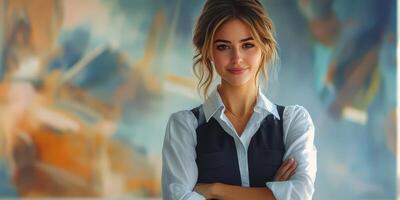 Confident woman in a stylish outfit poses in front of an abstract artwork in a modern interior setting photo