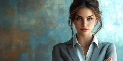 Confident woman in a tailored suit poses indoors against a textured blue background during daylight hours photo