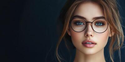 Woman with glasses showcasing a confident expression against a dark background in a modern setting photo