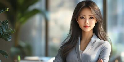 Confident professional woman poses in modern office setting during daylight hours photo