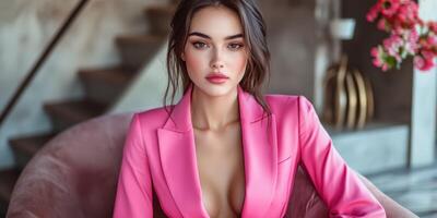 Confident woman in pink blazer poses elegantly in stylish modern living room during daytime photo