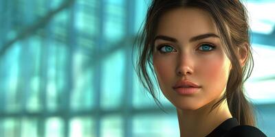Realistic portrait of a woman with striking blue eyes in an elegant setting with soft lighting photo