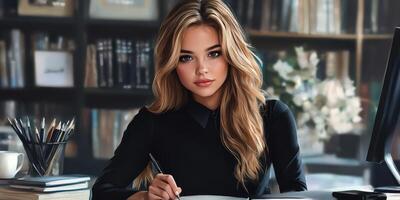 Young woman in a stylish office space engaged in writing and organizing her tasks during daytime photo