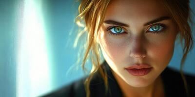 Young woman with striking blue eyes and natural makeup poses against a soft blue background in indoor setting photo