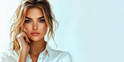 Young woman posing confidently with natural makeup and flowing hair in a bright, minimalistic setting photo