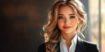 Professional woman with long hair smiles confidently in an elegant indoor setting during daylight hours photo