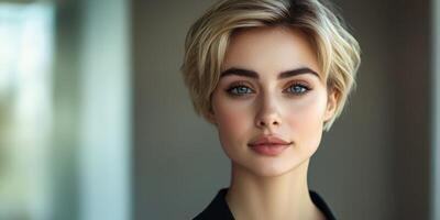 Portrait of a young woman with short blonde hair and striking blue eyes in a modern indoor setting photo
