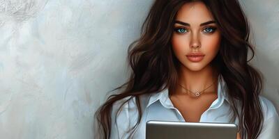 Young woman with wavy hair holding a tablet while sitting indoors against a textured wall photo