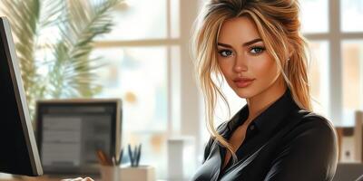 Young woman working in an office setting with a modern aesthetic and natural lighting in the background photo