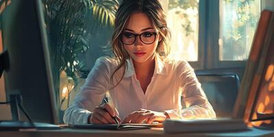 Young woman writing in notebook while sitting at desk in sunlit room with plants in background photo