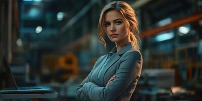 Businesswoman in a manufacturing facility exuding confidence while working on innovative technology solutions photo
