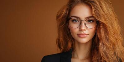 Young woman with long red hair and glasses poses confidently against a warm brown background in a professional setting photo