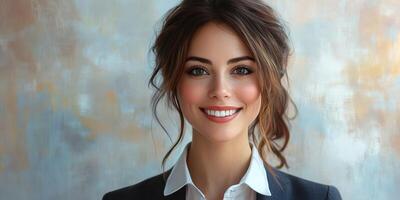 Professional woman smiling confidently in a business setting with a neutral background photo