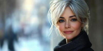 Elegant woman with silver hair in winter attire stands outdoors in a city setting during daylight hours photo