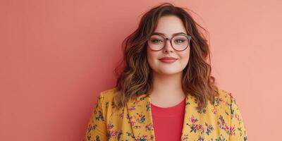 Confident young woman posing against a pastel orange background with vibrant floral blazer and glasses photo