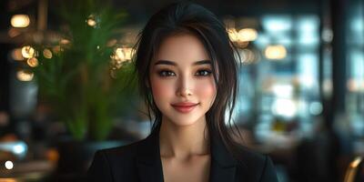 Young woman in a stylish black suit poses confidently in a modern restaurant setting with soft lighting photo