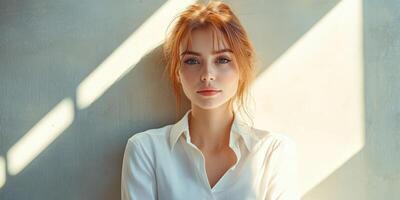 Soft afternoon light illuminates a young woman with red hair against a textured wall in a serene indoor setting photo