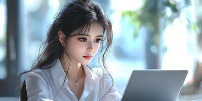 Young woman focused on work in a bright modern cafe during the day photo