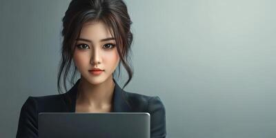Focused young woman working on a laptop in a modern office environment during daytime photo