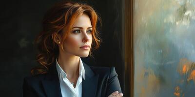 Professional woman gazes thoughtfully out of a window in a modern office setting during the late afternoon photo