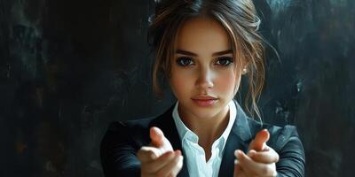 Confident young woman in a stylish suit presenting an engaging gesture against a dark backdrop photo
