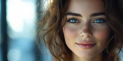 Young woman with bright blue eyes and natural beauty enjoys sunny day indoors in a modern setting photo