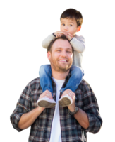 Affectionate Mixed Race Father and Son Riding Piggyback Isolated on a Transparent Background. png
