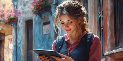 Young woman enjoys reading on tablet in charming old town street surrounded by colorful flowers and historic buildings in afternoon light photo