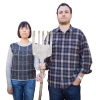 Mixed Race Chinese and Caucasian Couple Standing and Holding a Wooden Pitch Fork. Transparent . png