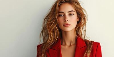 Portrait of a woman in a red blazer against a neutral background showcasing natural beauty and style photo