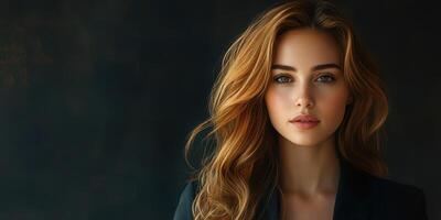 Beautiful young woman with flowing hair poses elegantly against a dark background in a professional setting photo