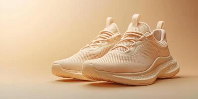 New lightweight athletic shoes in soft beige color displayed against a warm background photo