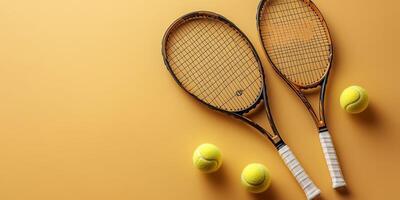Two tennis rackets and three yellow balls arranged on a vibrant orange background photo