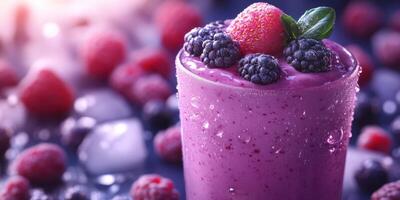 Delicious berry smoothie with fresh fruit on display in a vibrant setting photo