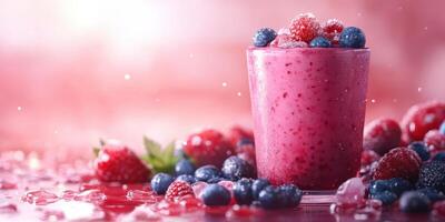 Refreshing berry smoothie enjoyed in a sunny kitchen environment with scattered fresh fruits on the countertop photo