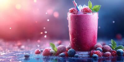 Refreshing berry smoothie with mint and ice served in a clear glass on a vibrant background photo