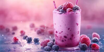 Refreshing berry smoothie served in a tall glass with raspberries and blackberries scattered around photo