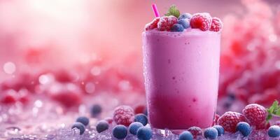 Refreshing berry smoothie topped with raspberries and blueberries in a vibrant setting photo