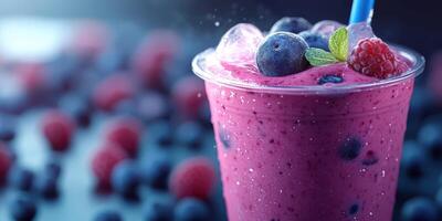 Refreshing berry smoothie topped with fresh fruit and mint on a vibrant background photo