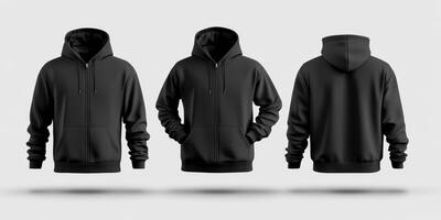 Black hoodie displayed from three angles showcasing its versatile design and comfortable fit for casual wear or outdoor activities photo