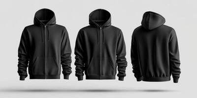 Black hoodie displayed from multiple angles highlighting its design and style for potential wearers and fashion enthusiasts photo