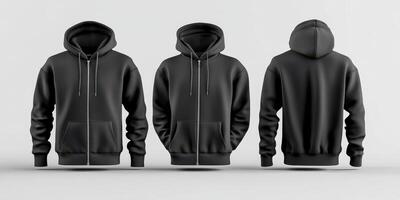 Black hoodie displayed from multiple angles showing a minimalistic design and relaxed fit ideal for everyday wear or casual outings photo
