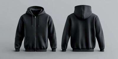 Hooded sweatshirt displayed from front and back view against a neutral gray background photo